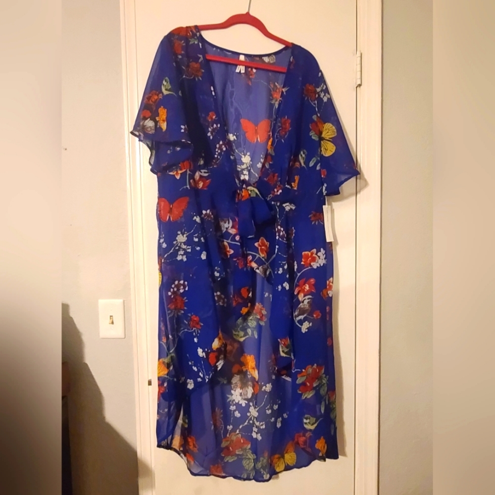 Blue and Red Floral Kimono Duster
